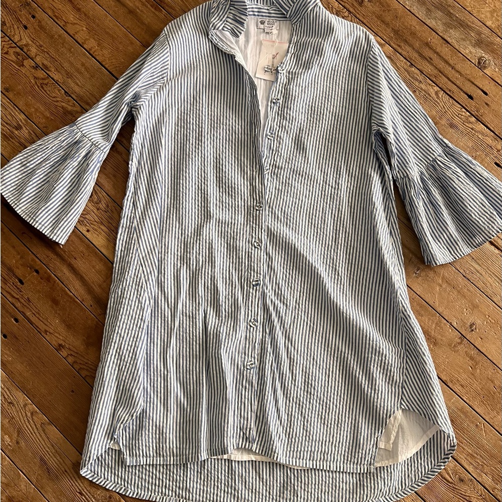 NWT Size L Holly Shae Designs Striped Blue and White Women's Dress with buttons